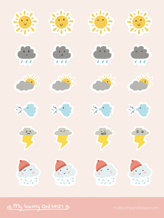A weather themed sticker sheet, with sunny, cloudy, rainy, windy, thunderstorms, and snowy weather, four stickers for each weather and all with different faces