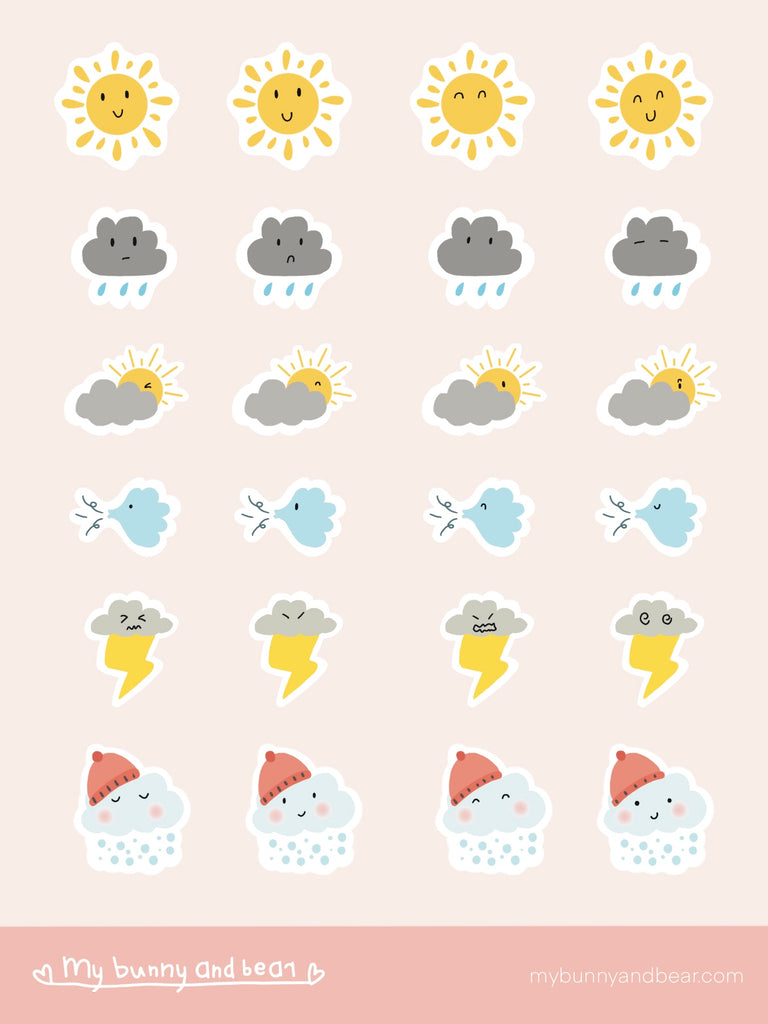 A weather themed sticker sheet, with sunny, cloudy, rainy, windy, thunderstorms, and snowy weather, four stickers for each weather and all with different faces