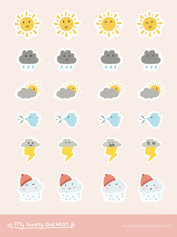 A weather themed sticker sheet, with sunny, cloudy, rainy, windy, thunderstorms, and snowy weather, four stickers for each weather and all with different faces