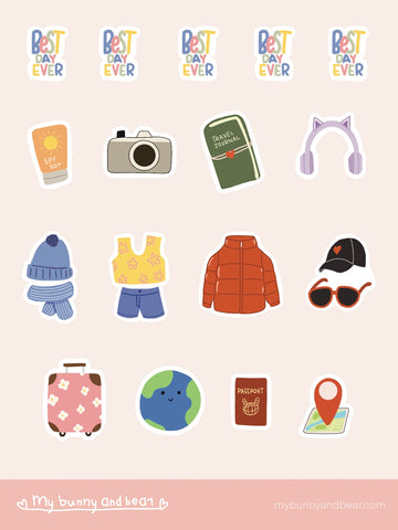 Travel themed sticker sheet, with “best day ever”, sunscreen, camera, travel journal, earphone, winter clothing, summer clothings, luggage, earth, passport, and location pin.