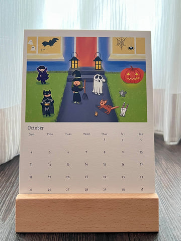 Calendar with Halloween theme, the animal characters were shocked to see all the dressing ups. The calendar is placed on the wooden stand