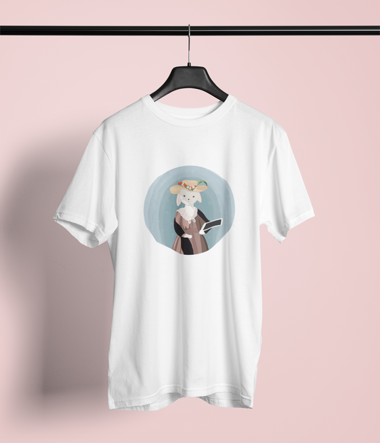 White t-shirt with a graphic design on the front. The design features a bunny dressed in vintage clothings and a hat, while holding an iPad. This is inspired by Élisabeth Vigée Le Brun's iconic self-portrait, with a twist. The original painting was Élisabeth Vigée Le Brun holding paint brush and paint palette. The T-shirt is displayed on a hanger against a plain background.