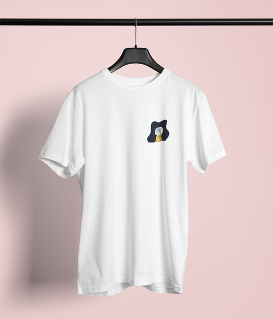 White graphic T-shirt with a small illustration located at the left chest. The design is a whimsical twist on Johannes Vermeer’s ‘Girl with a Pearl Earring,’ featuring a bunny wearing pearl earrings. The image is cute and subtle