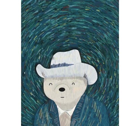 It is an illustration of a bear inspired by Van Gogh’s self-portrait with a straw hat, featuring a swirling blue and green background in a post-impressionist style