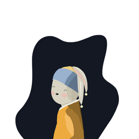 An illustration of a  whimsical twist on Johannes Vermeer’s ‘Girl with a Pearl Earring,’ featuring a bunny wearing pearl earrings. The image is cute and subtle