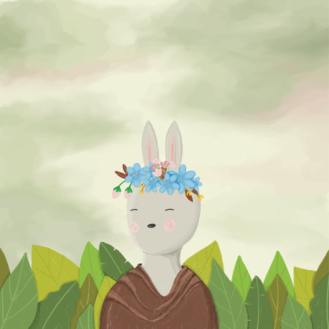 This illustration is a whimsical twist of Frida Kahlo's self portrait, portraying a bunny wearing a garland, much like Frida Kahlo in her self portrait painting. 