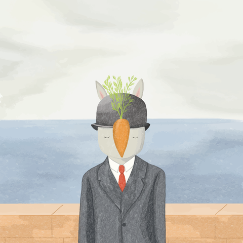 The illustration is a playful twist on famous painting —The Son of Man. Instead of human, it’s replaced with a bunny; instead of an apple, it’s the carrot in front of the face.